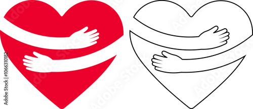 Shape and Line art of arms embracing a heart, abstract illustration symbolizing love, care, support, and togetherness, with soft curves and clean lines creating an affectionate bonding concept