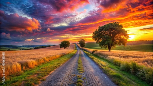 A Winding Road Through Rolling Fields Bathed in the Warm Glow of a Sunset Sky