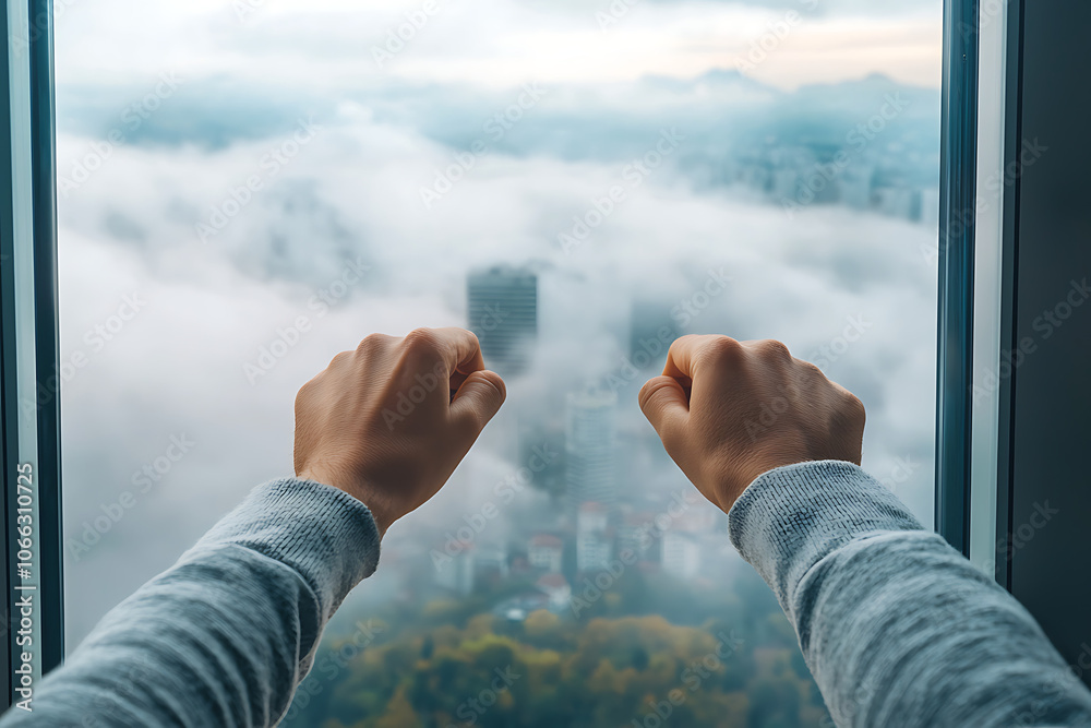 Embracing the view a moment of reflection above the clouds with outstretched hands signifying hope and freedom Embracing the view a moment of reflection above the clouds with outstretched hands signifying hope and freedom