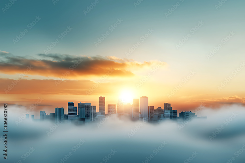 Breathtaking sunrise over a city skyline bathed in soft fog highlighting the harmony between urban architecture and nature's beauty Breathtaking sunrise over a city skyline bathed in soft fog highlighting the harmony between urban architecture and nature's beauty