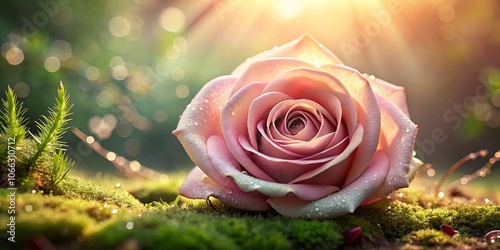 A Single Rose Resting on a Bed of Moss, Glowing in the Warm Light of the Setting Sun