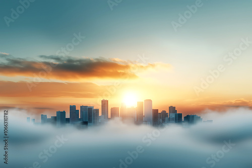 Breathtaking sunrise over a city skyline bathed in soft fog highlighting the harmony between urban architecture and nature's beauty