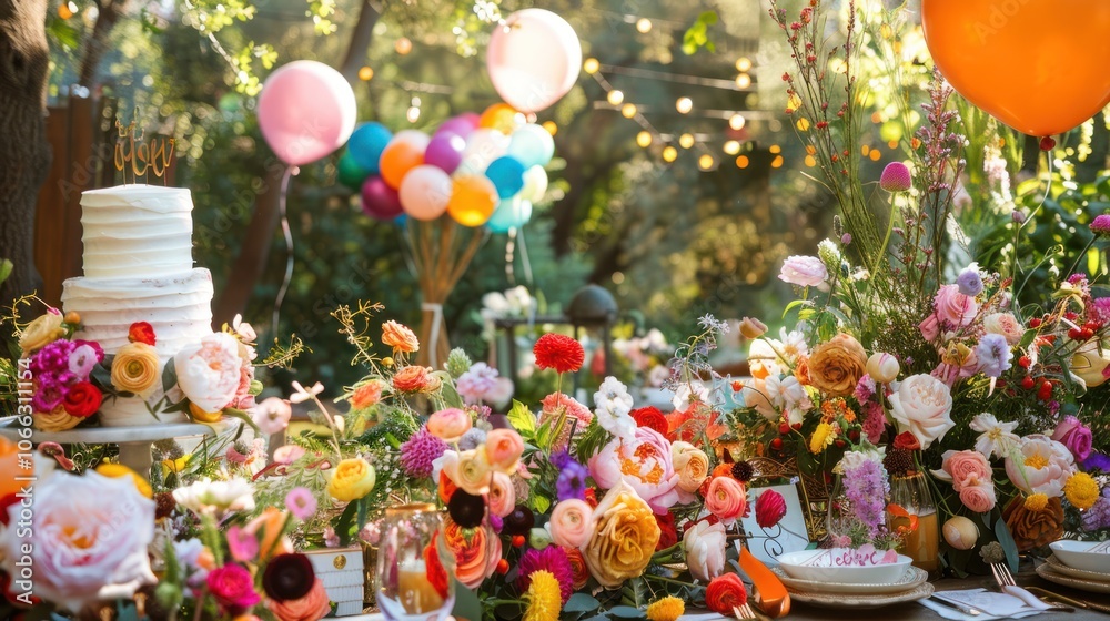 a place to celebrate children's birthdays with flower decorations and balloons with a big birthday cake a place to celebrate children's birthdays with flower decorations and balloons with a big birthday cake