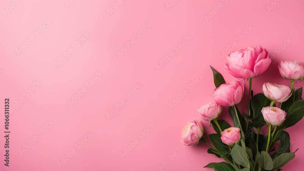 Fototapeta premium The background is a soft, pastel pink that brings a calming and lighthearted feeling to the scene. The pink shade is warm, with a smooth and even texture that fills the space. It adds a gentle,