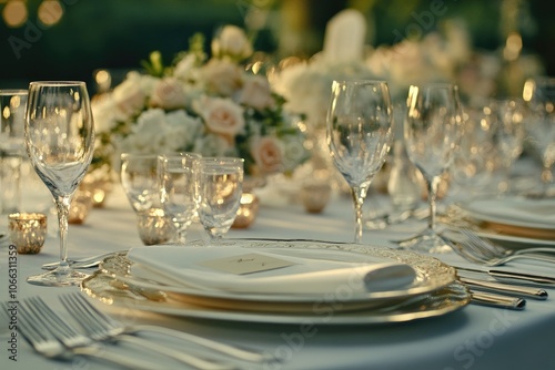 Elegant wedding table setting with glasses. This photo can be used for wedding blogs, wedding planning websites, or advertising for tableware.