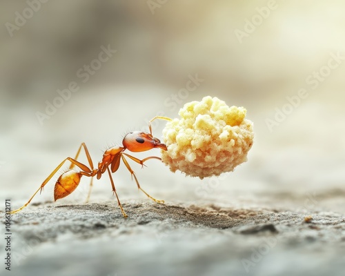 Closeup of ant carrying food, sharp detail and shallow depth of field, nature s tiny workers photo