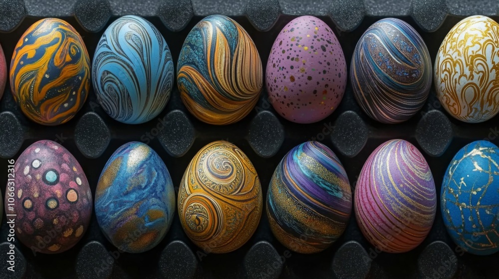 Fototapeta premium Decorated Easter Eggs in a Black Egg Carton