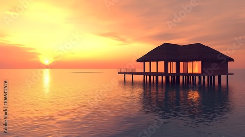 Tropical Bungalow Surrounded by Calm Water.