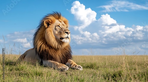 Majestic Lion Resting in Golden Grass, Sunny African Savanna. photo