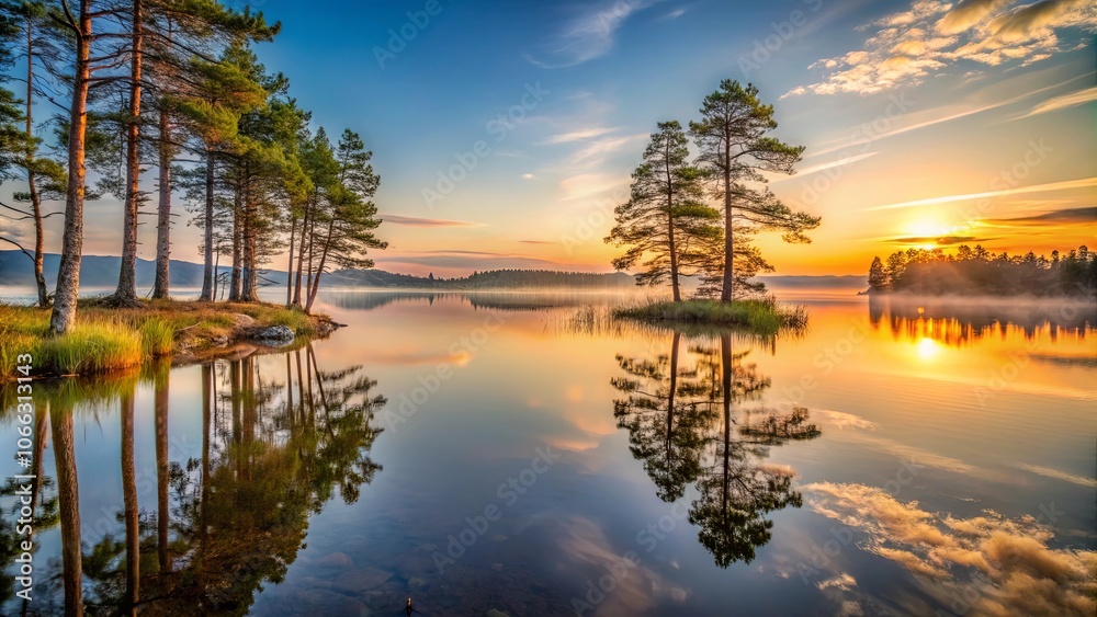 A serene lake bathed in the golden hues of a sunrise, with towering trees casting long reflections on the tranquil water, creating a picture of natural beauty. A serene lake bathed in the golden hues of a sunrise, with towering trees casting long reflections on the tranquil water, creating a picture of natural beauty.