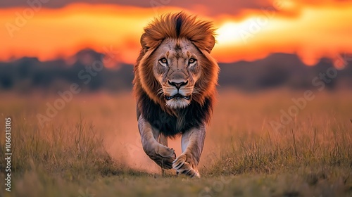 A male lion is running across a golden savanna at sunset. photo