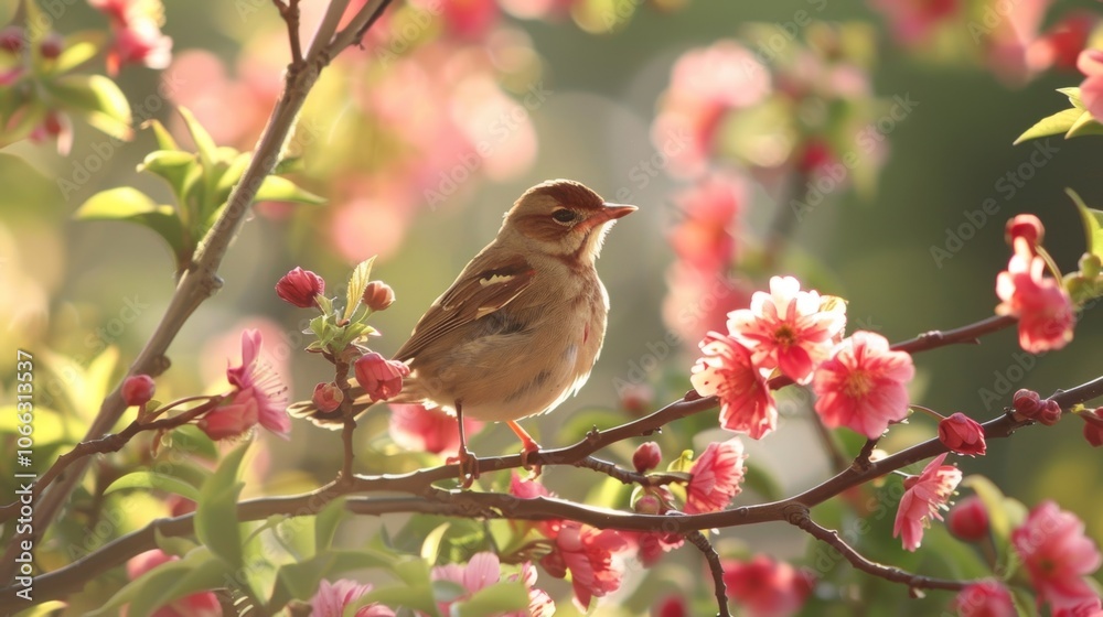 Small bird is perched on a flowering branch, enjoying the warm spring sunshine and the beauty of nature. The delicate pink blossoms create a serene and peaceful atmosphere Small bird is perched on a flowering branch, enjoying the warm spring sunshine and the beauty of nature. The delicate pink blossoms create a serene and peaceful atmosphere