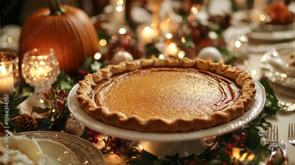 A Pumpkin Pie Centerpiece on a Festive Table, Candlelight, Thanksgiving, Dessert , Holiday A Pumpkin Pie Centerpiece on a Festive Table, Candlelight, Thanksgiving, Dessert , Holiday