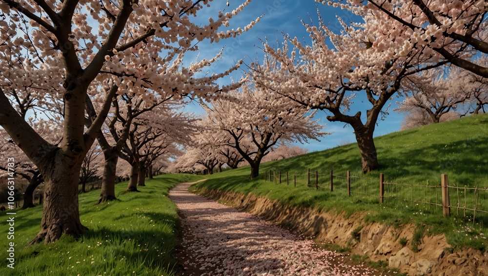 tree in bloom , A path winds through a hillside lined with blossoming pink trees. Green grass and a partly cloudy sky. tree in bloom , A path winds through a hillside lined with blossoming pink trees. Green grass and a partly cloudy sky.