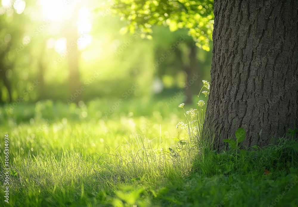 Morning forest, sunlight shining through the leaves onto the lush green grass Morning forest, sunlight shining through the leaves onto the lush green grass