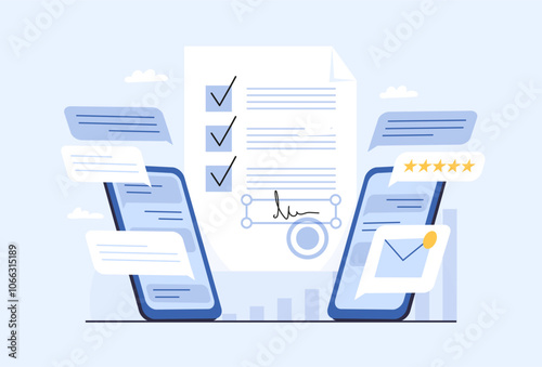 Two phones with correspondence and a contract with a signature. Online business negotiations concept, modern business deals, flat vector illustration.