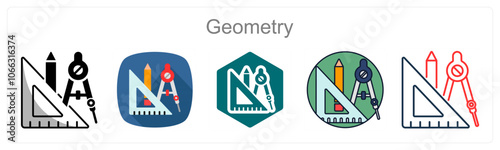 A set of 5 Geometry icons as Shapes, Angles, Lines