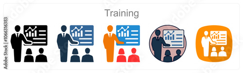 A set of 5 Training icons as Coaching, Practice, Skill