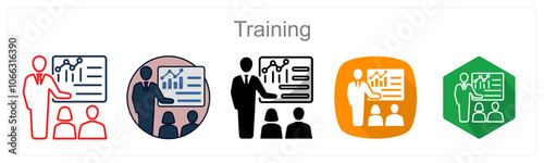 A set of 5 Training icons as Coaching, Practice, Skill