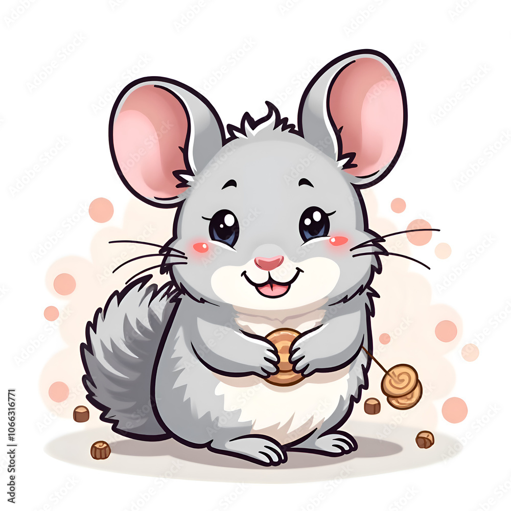 Embrace the joy of a playful chinchilla with a snack in its tiny paws, digital illustration of cute animal character design concept.