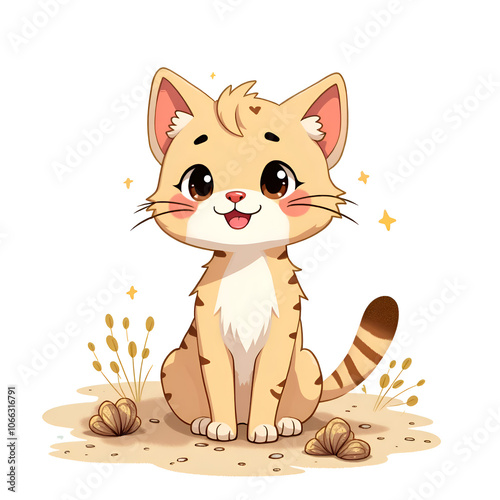 Celebrate the joy of a playful kitten in a whimsical desert oasis, digital illustration of cute animal concept.