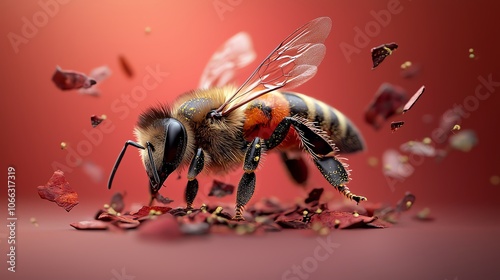 Extreme closeup of a honeybee on a vibrant sunflower, sharp contrast details of pollencovered body photo