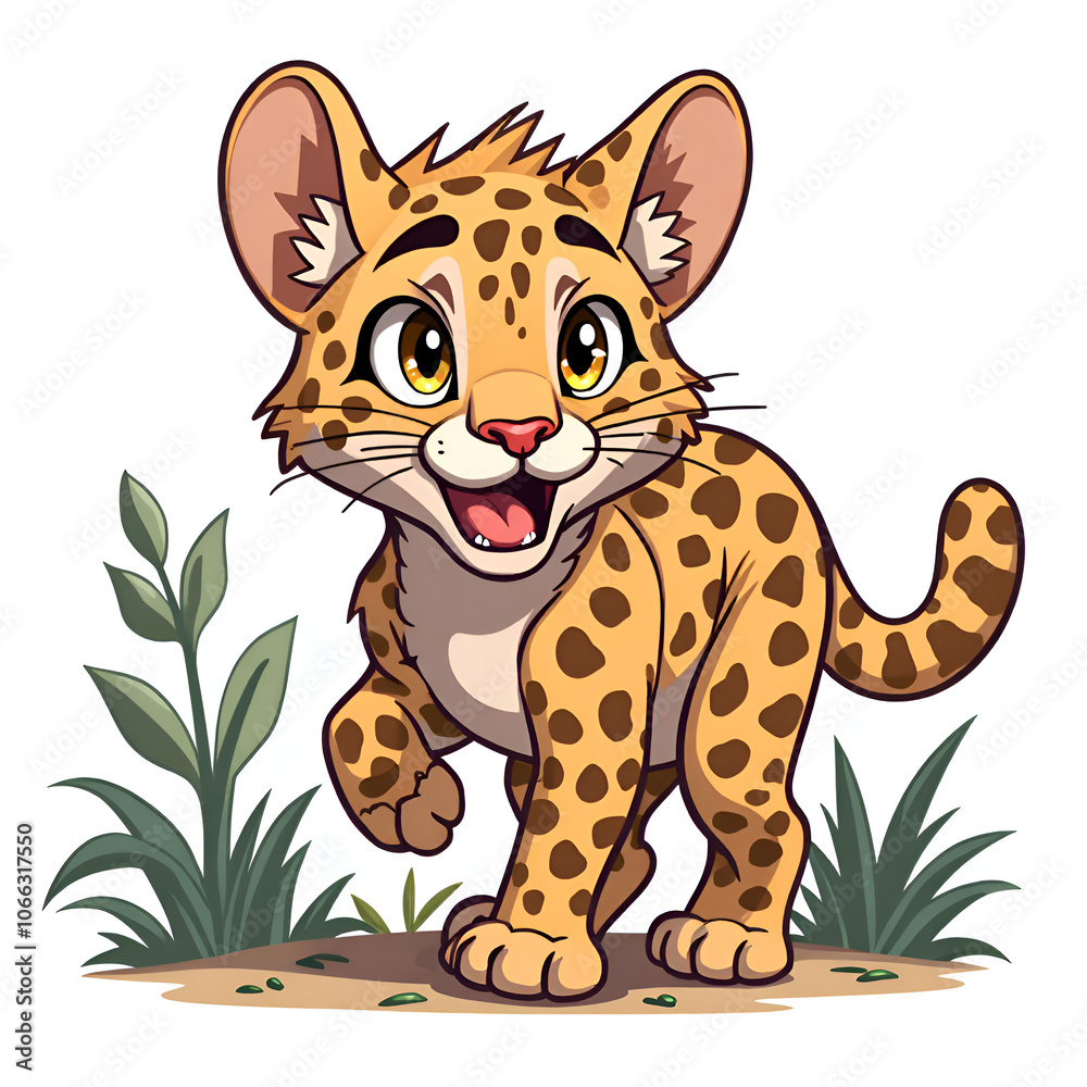 Fototapeta premium Embrace the playfulness of nature with a happy young leopard cub, digital illustration of cartoon animal character concept.