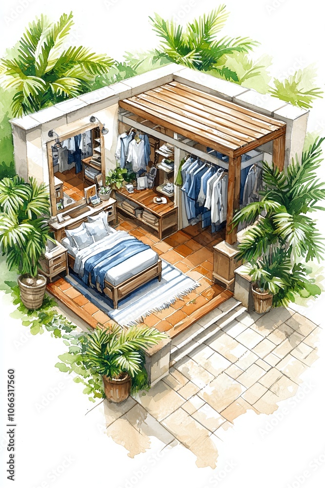 Watercolor Illustration of a Tropical Patio with a Bedroom and Closet. Watercolor Illustration of a Tropical Patio with a Bedroom and Closet.