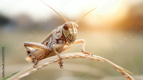 Grasshopper perched on a blade of grass, high contrast details of legs and thorax photo