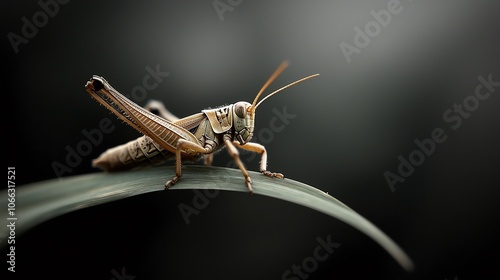 Grasshopper perched on a blade of grass, high contrast details of legs and thorax photo