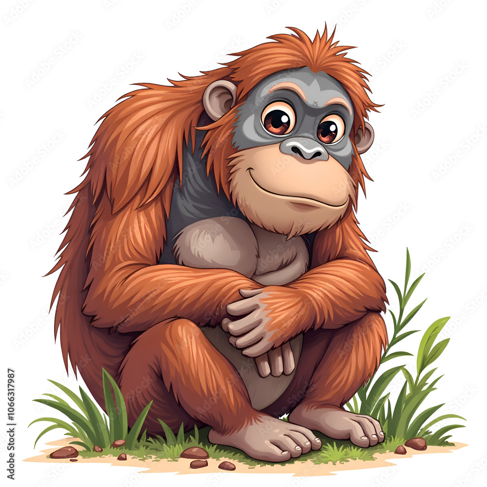 Obraz premium A delightful orangutan smiles warmly, inviting joy and connection in nature s embrace, digital illustration of character design concept.