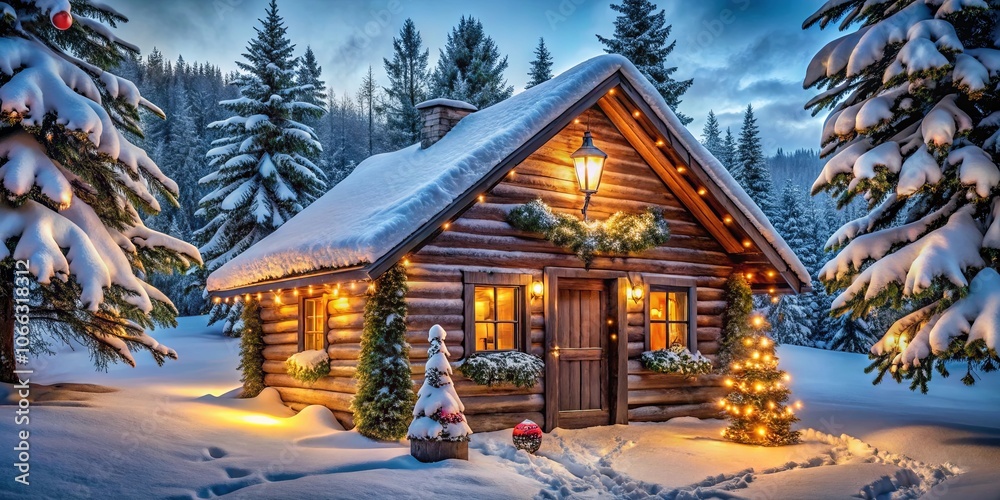 A Cozy Cabin Nestled in a Winter Wonderland, Illuminated by String Lights and a Lantern, Surrounded by Snow-Covered Evergreens