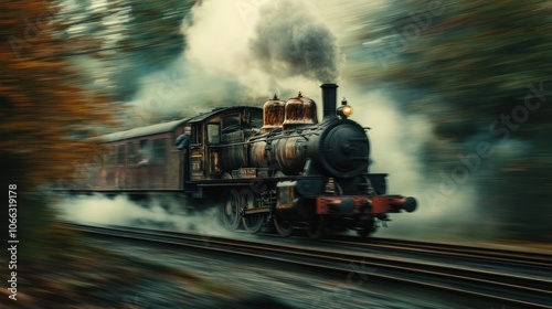 A vintage steam locomotive train speeds through a misty forest, with smoke billowing from its chimney.