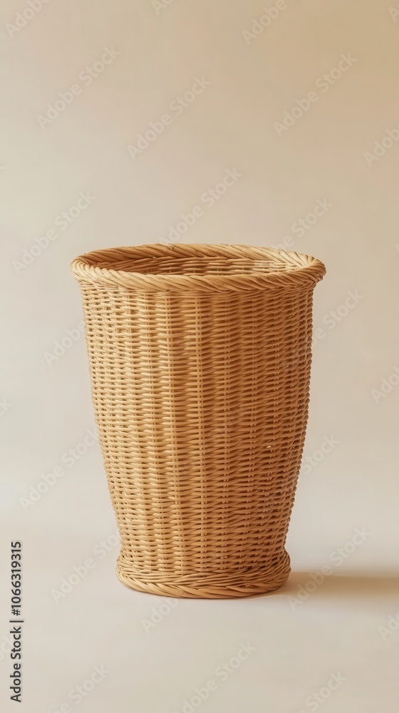 A simple, solid cylindrical laundry basket lies on its side, showcasing a smooth finish A simple, solid cylindrical laundry basket lies on its side, showcasing a smooth finish