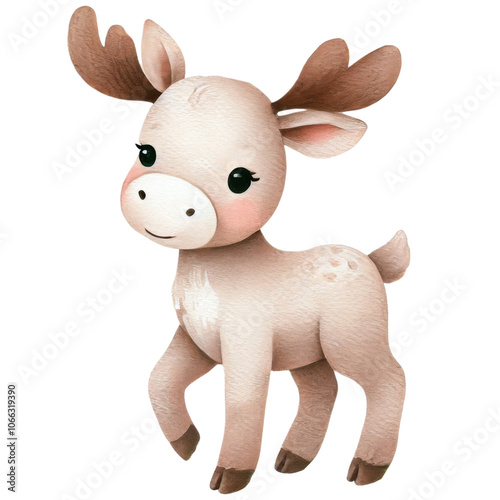 Cute baby moose with small antlers, isolated on transparent background.