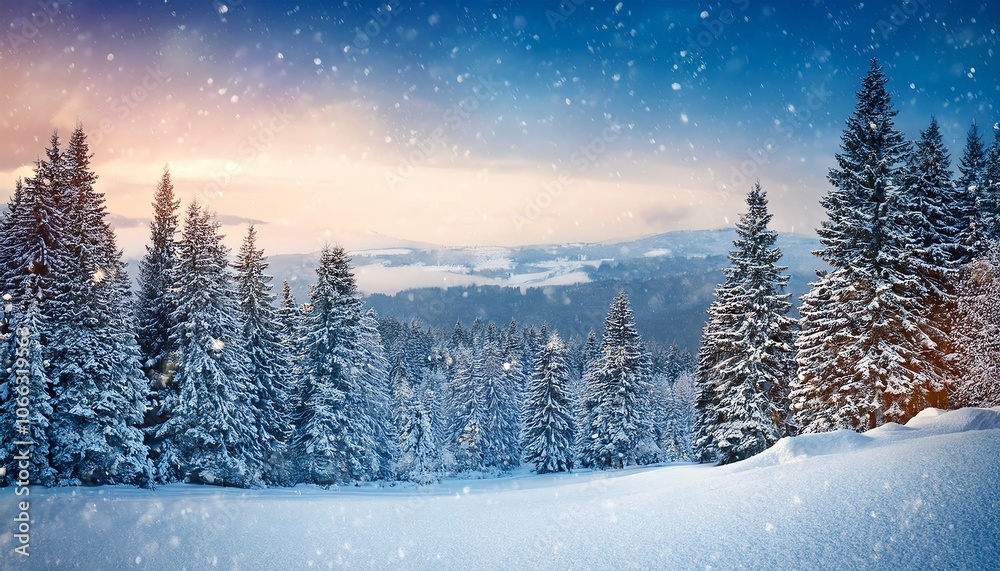 A serene winter landscape featuring snow-covered trees and a colorful sky at dusk, evoking a tranquil and picturesque atmosphere. A serene winter landscape featuring snow-covered trees and a colorful sky at dusk, evoking a tranquil and picturesque atmosphere.