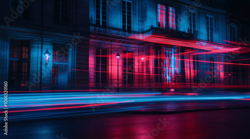 Abstract background with long exposure rays of light in red and blue colors, creating an artistic, dreamy and dynamic effect on the dark space. In front, the national palace of Culture photo