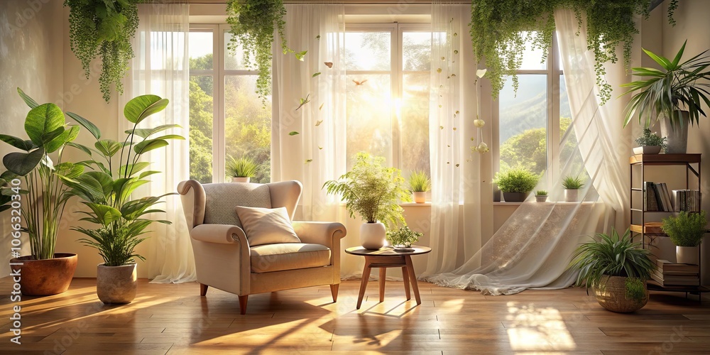 Fototapeta premium Sunlight streams through a window, casting warm light on a cozy living room, filled with lush plants and a comfortable armchair, creating a serene and inviting atmosphere.