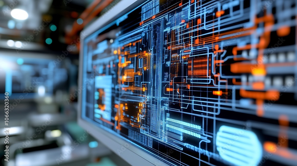 Futuristic Digital Interface Displaying Complex Data and Technology in a Modern Environment Futuristic Digital Interface Displaying Complex Data and Technology in a Modern Environment