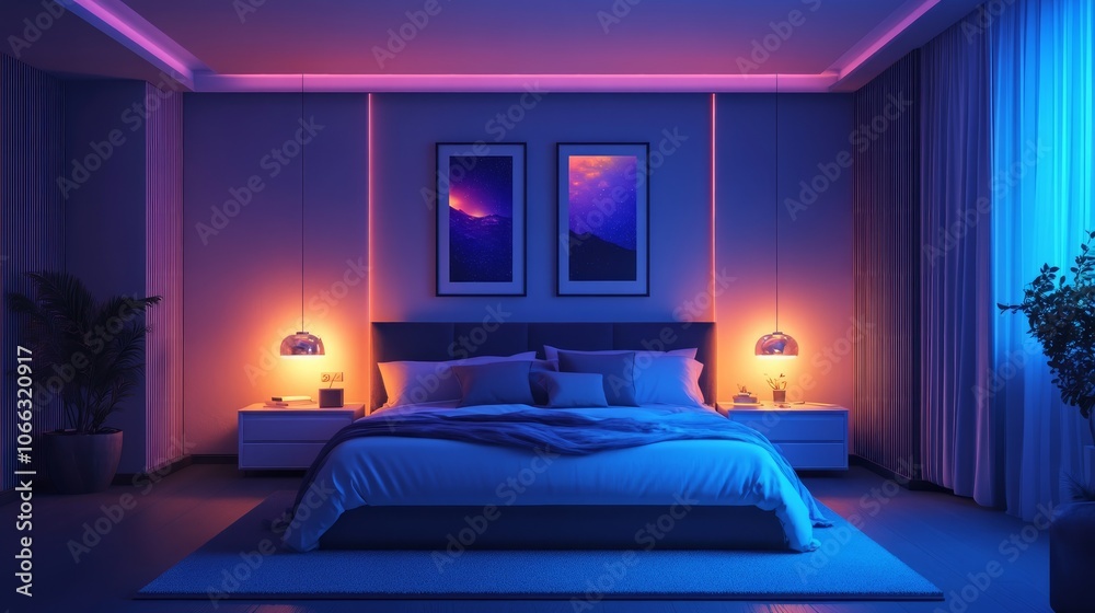 Modern bedroom with a king-size bed, two bedside tables, and a plant in a pot. The room is lit by two lamps and has a colorful light strip running along the wall. Modern bedroom with a king-size bed, two bedside tables, and a plant in a pot. The room is lit by two lamps and has a colorful light strip running along the wall.