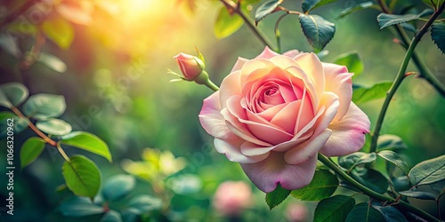 A Delicate Rose Blossoms Under the Warm Glow of the Sun, Its Petals Gently Unfurling Amidst Lush Foliage