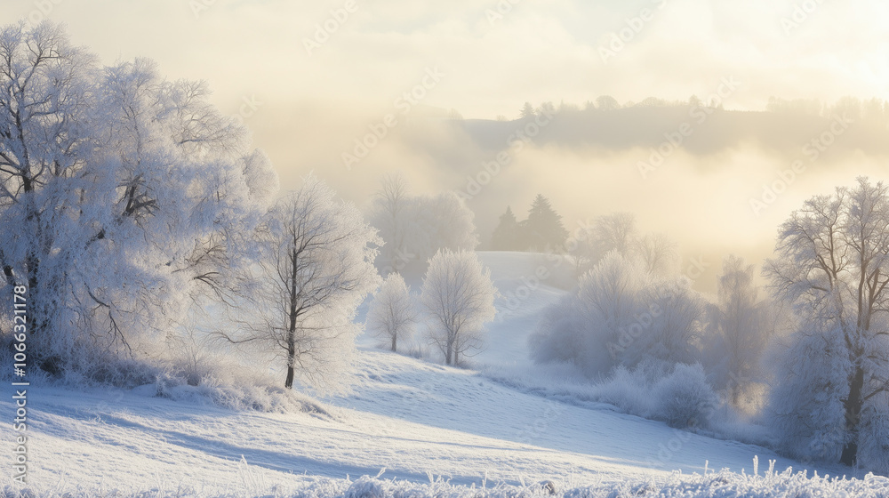 Fototapeta premium Frosty winter landscape with mist and gentle sunlight