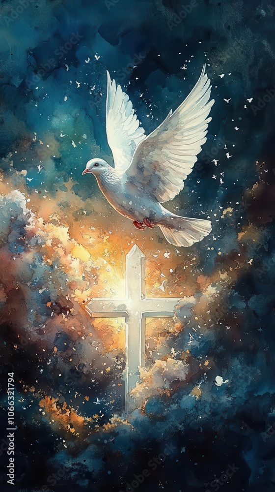 artful watercolor depiction of a white dove gracefully soaring against a brilliant white cross framed by radiant clouds symbolizing hope and purity infused with ethereal light and soft hues artful watercolor depiction of a white dove gracefully soaring against a brilliant white cross framed by radiant clouds symbolizing hope and purity infused with ethereal light and soft hues
