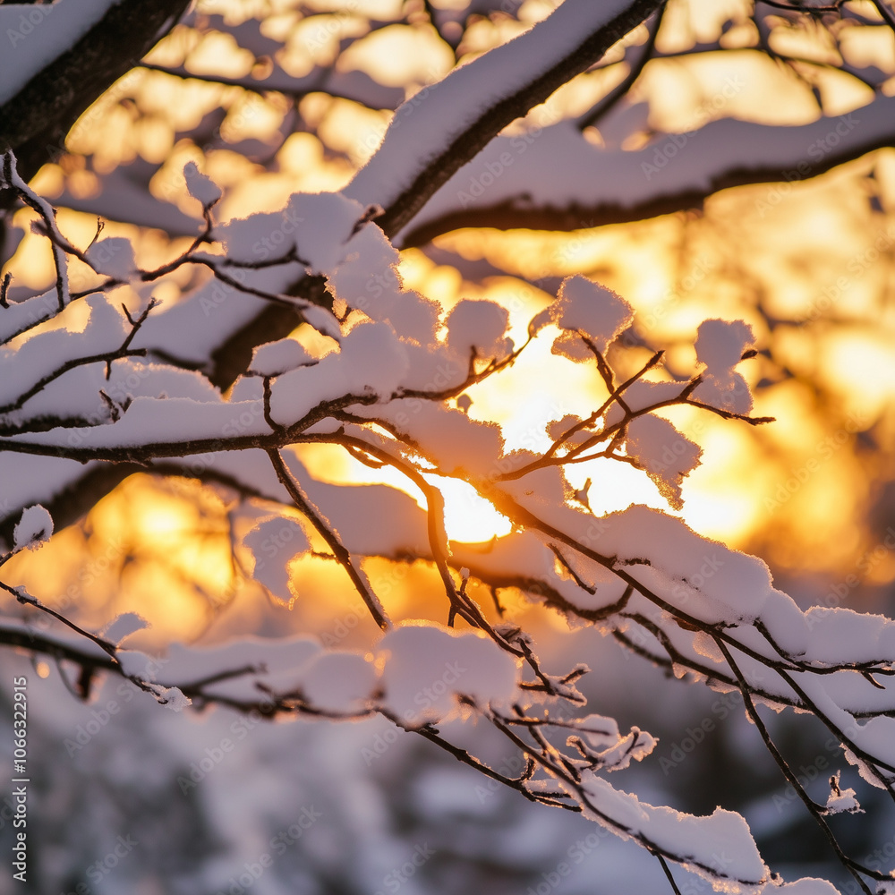Snow-covered branches with sunrise glow in winter Snow-covered branches with sunrise glow in winter