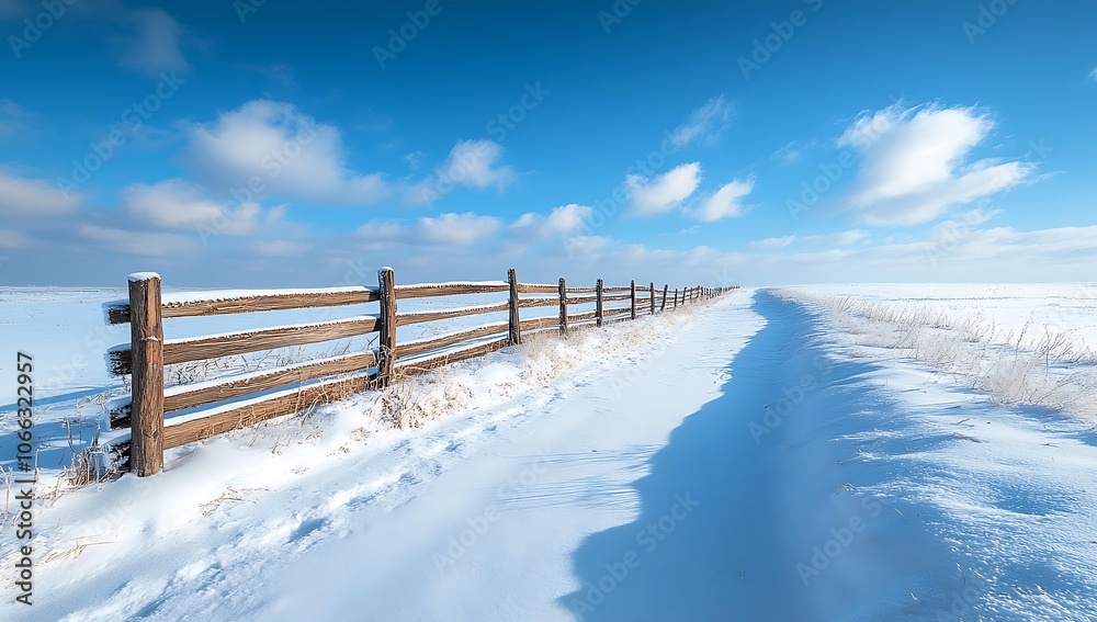 Wooden fence on a snowy road in winter with blue sky background Wooden fence on a snowy road in winter with blue sky background