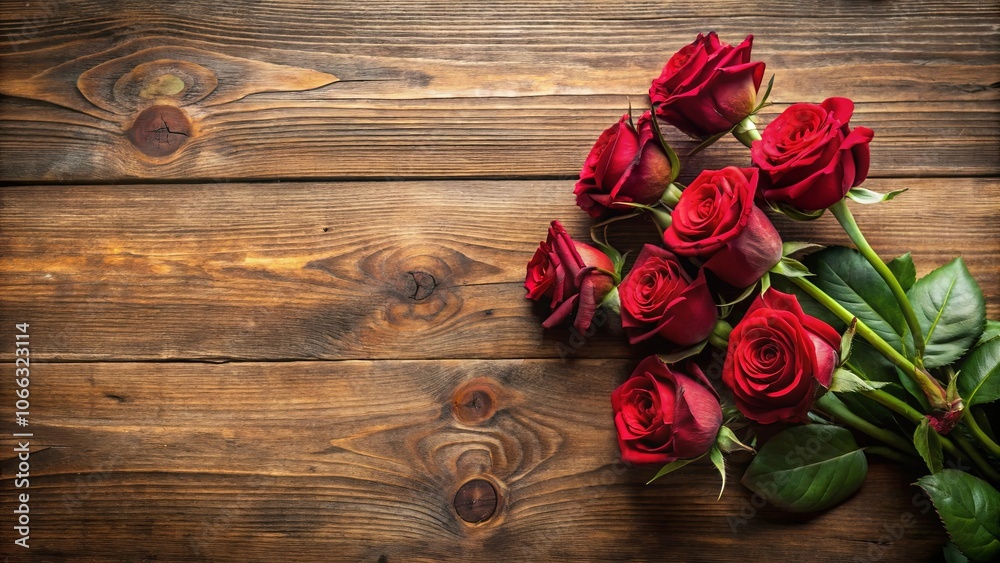 A cluster of crimson roses on a backdrop of rustic wooden planks, a still life of elegance and natural beauty.