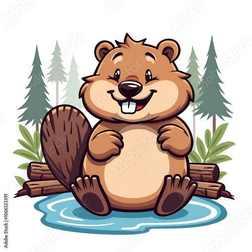 A happy beaver enjoys a serene moment by the water surrounded by nature s beauty, digital illustration of cartoon character design concept. photo