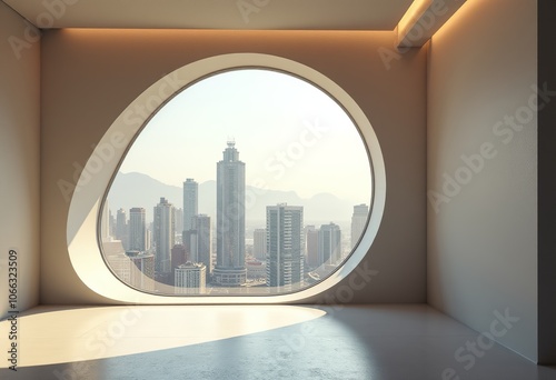 Urban Futurism: Modern Room with Panoramic City View | Sunlit Interior, Sleek Design, Smart Home Technology | Cityscape Backdrop, Minimalist Furnishings photo