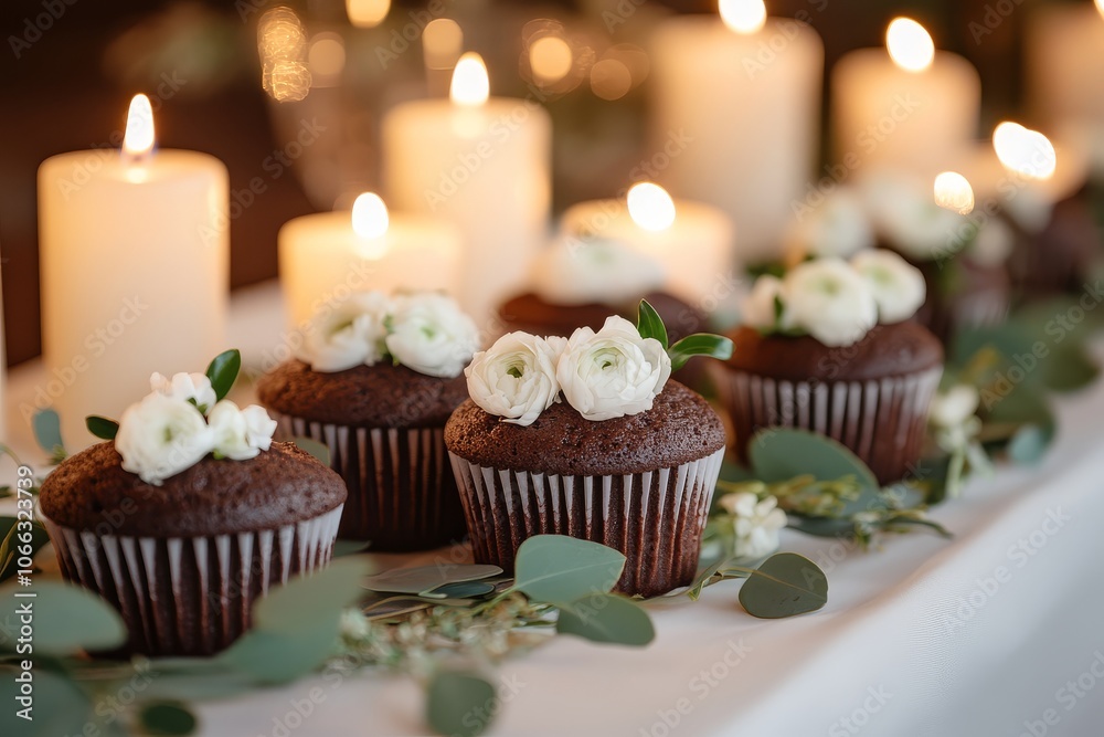 Close-up of chocolate muffins decorated with white flowers and green leaves on elegant table with candles, warm and inviting atmosphere for special events. Close-up of chocolate muffins decorated with white flowers and green leaves on elegant table with candles, warm and inviting atmosphere for special events.