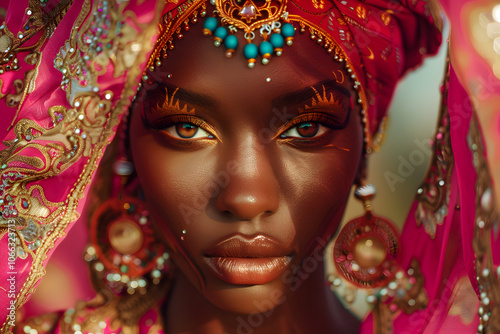 A striking woman of African descent adorned in vibrant pink with elaborate gold jewelry and dramatic eye makeup.